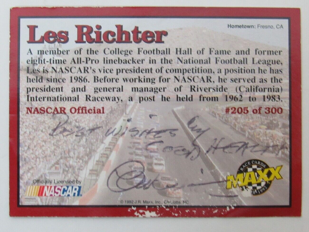 Les Richter Los Angeles Rams Pro Football HOF Signed/Auto Trading Card 150699