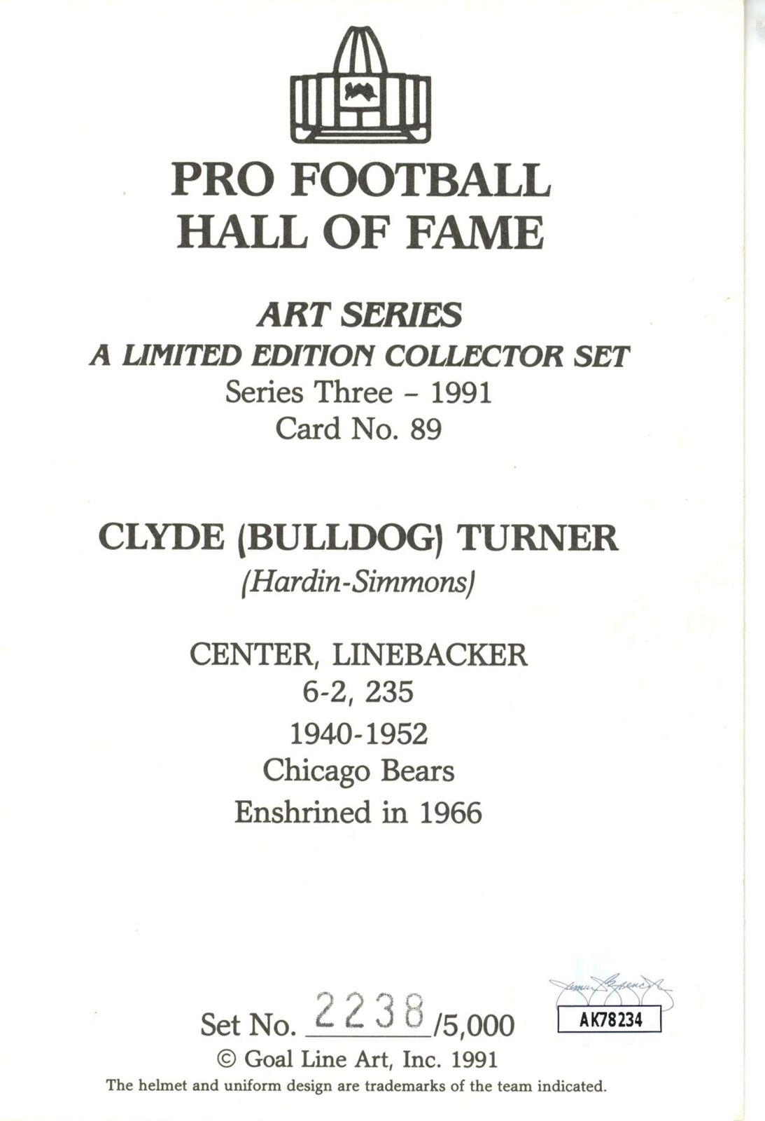 Clyde Turner HOF Autographed Goal Line Art GLAC Postcard Bears JSA 180894