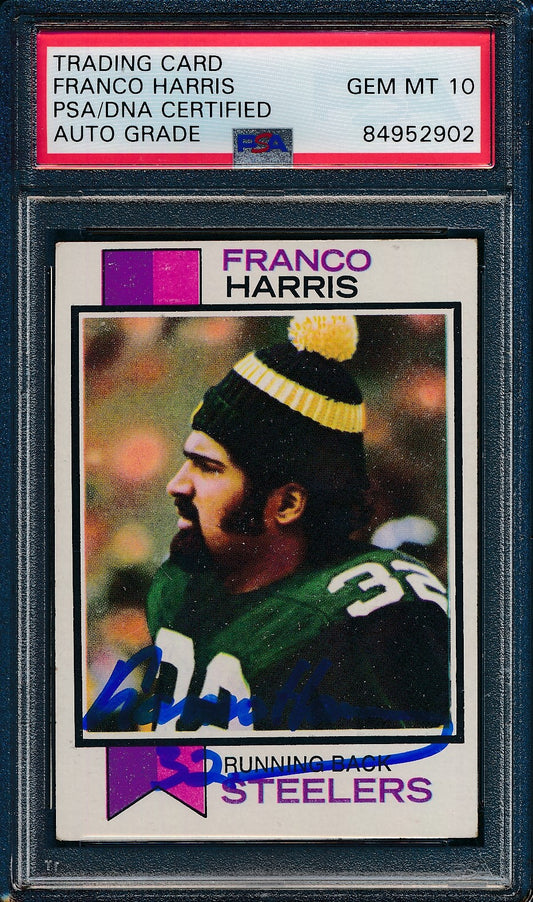 Franco Harris HOF Signed 1973 Topps Rookie Card #89 Steelers 3 PSA/DNA GEM MT 10