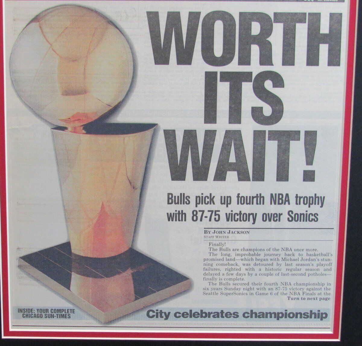 Chicago Bulls 1996 4th Championship Chicago Sun Times Newspaper Framed 136616