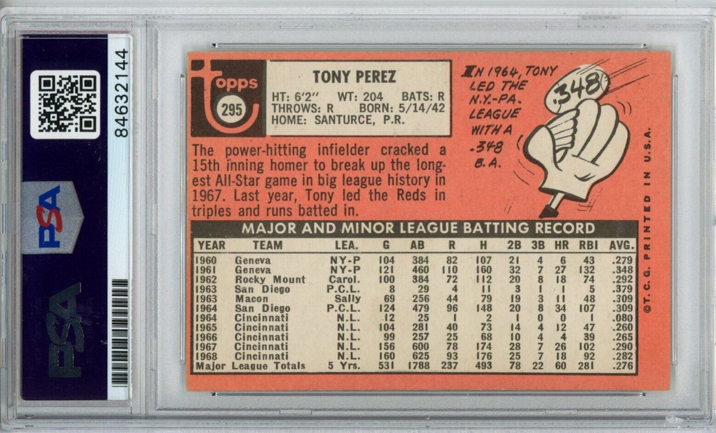 1969 TOPPS #295 Tony Perez HOF Auto Signed Cincinnati Reds PSA/DNA