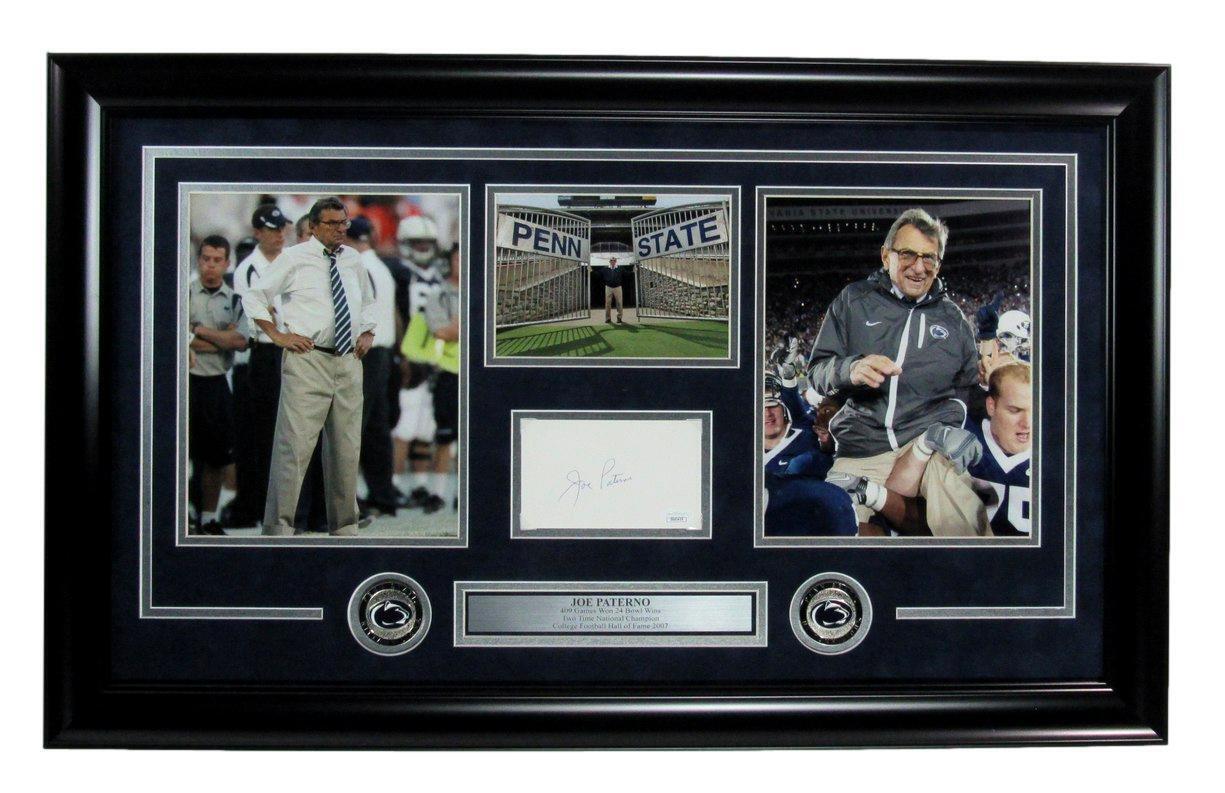 Joe Paterno Autographed Cut Card with Photo Collage Penn State Framed JSA 177224