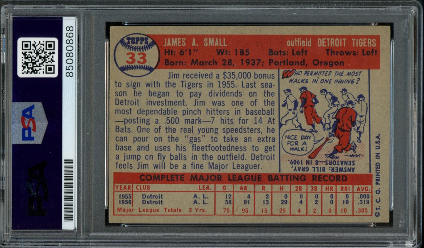 1957 TOPPS Jim Small #33 Auth Card Signed Detroit Tigers PSA/DNA 184109