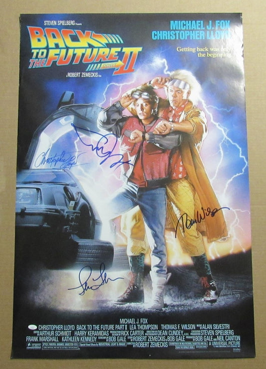 Back to Future II Auto/Signed Michael J Fox/ Lloyd + 2 (4) 27x40 Poster JSA 4942