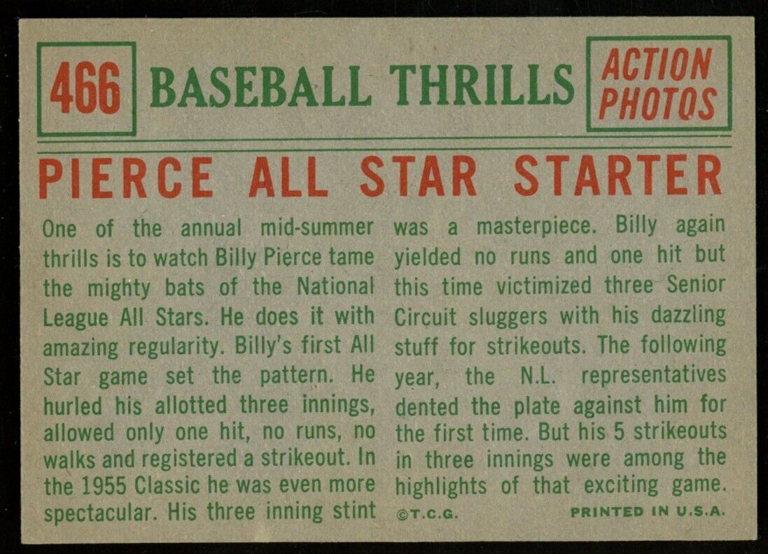 1959 Topps Baseball Billy Pierce A.L All-Star Starter #466 Chicago White Sox