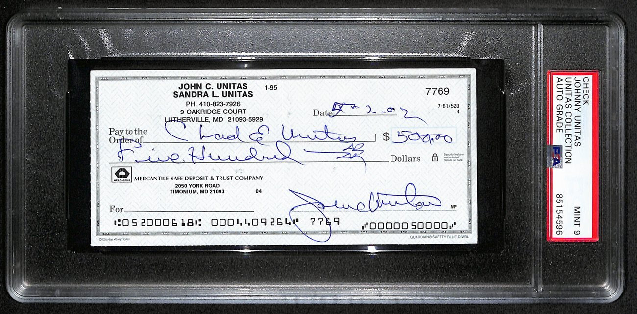 Johnny Unitas Signed 5/2/02 Check PSA/DNA MINT 9 188665