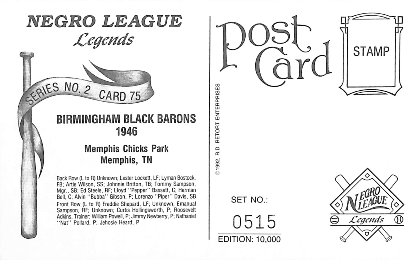 Lester Lockett Signed Negro League - Black Barons 1991 Retort Post Card 181282