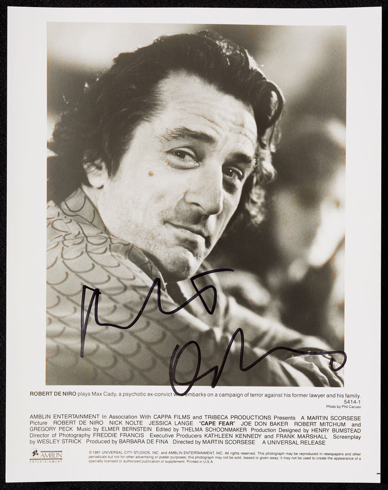 Robert De Niro Cape Fear Autograph 8x10 Original Authentic Photo Beckett 168082