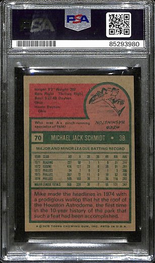 1975 Topps Mike Schmidt Phillies #70 Card Signed PSA/DNA GEM MINT 10 187948