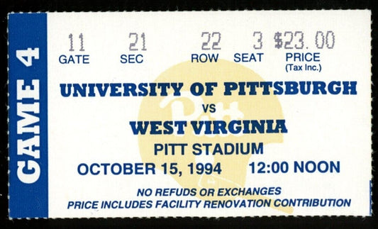 October 15, 1994 Pitt vs. West Virginia College Football Game Ticket Stub