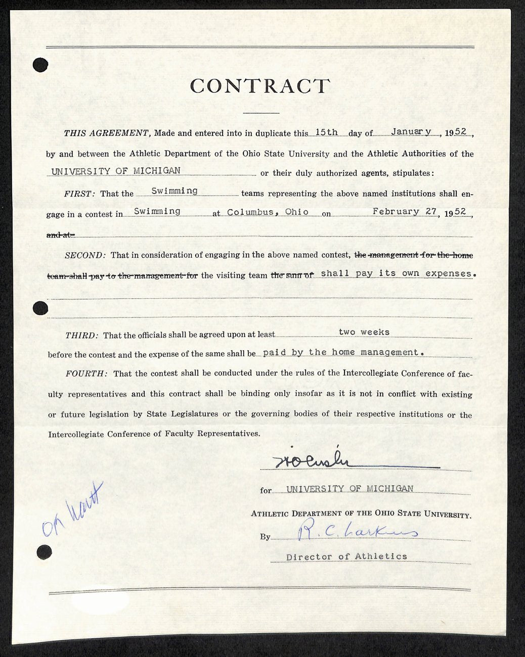 Fritz Crisler CFB HOF Signed 1952 Contract University of Michigan JSA 185589