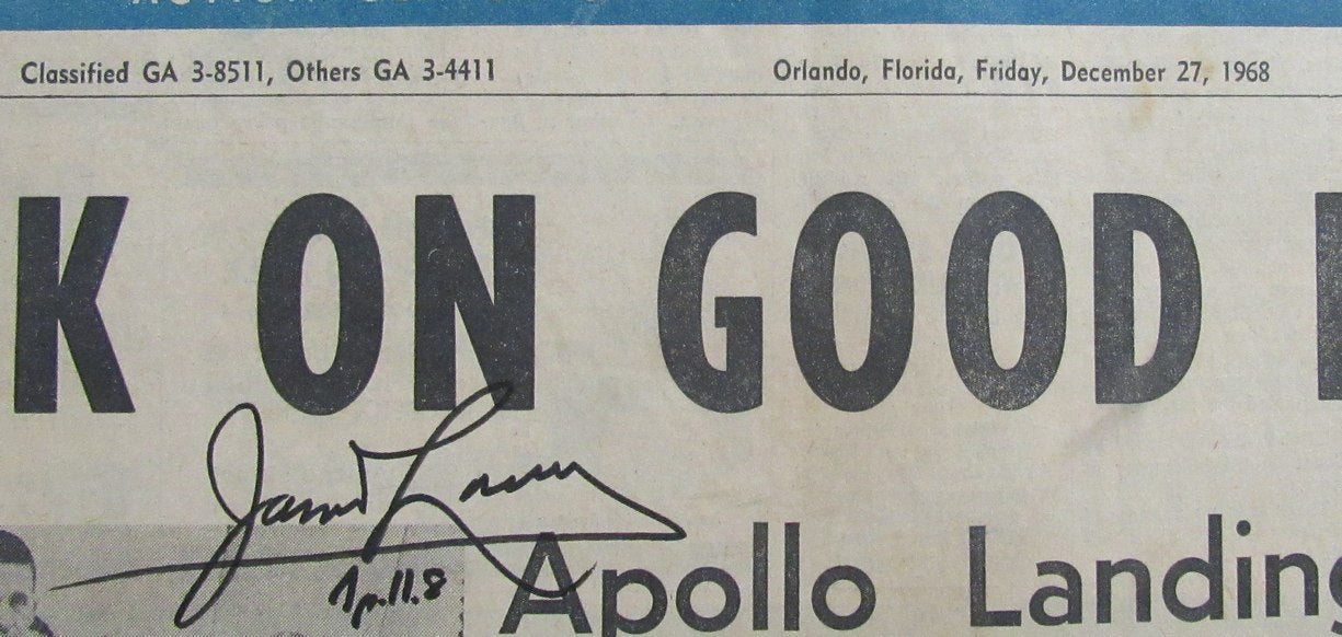 Apollo 8 Astronaut James Lovell Autographed/Inscribed 1968 Newspaper PSA/DNA 697