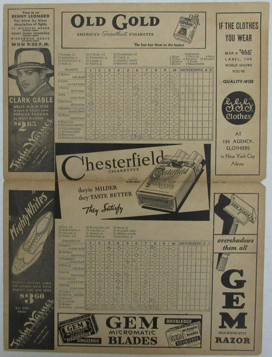 1934 New York Giants MEL OTT vs. Brooklyn Dodgers Score Card 148925