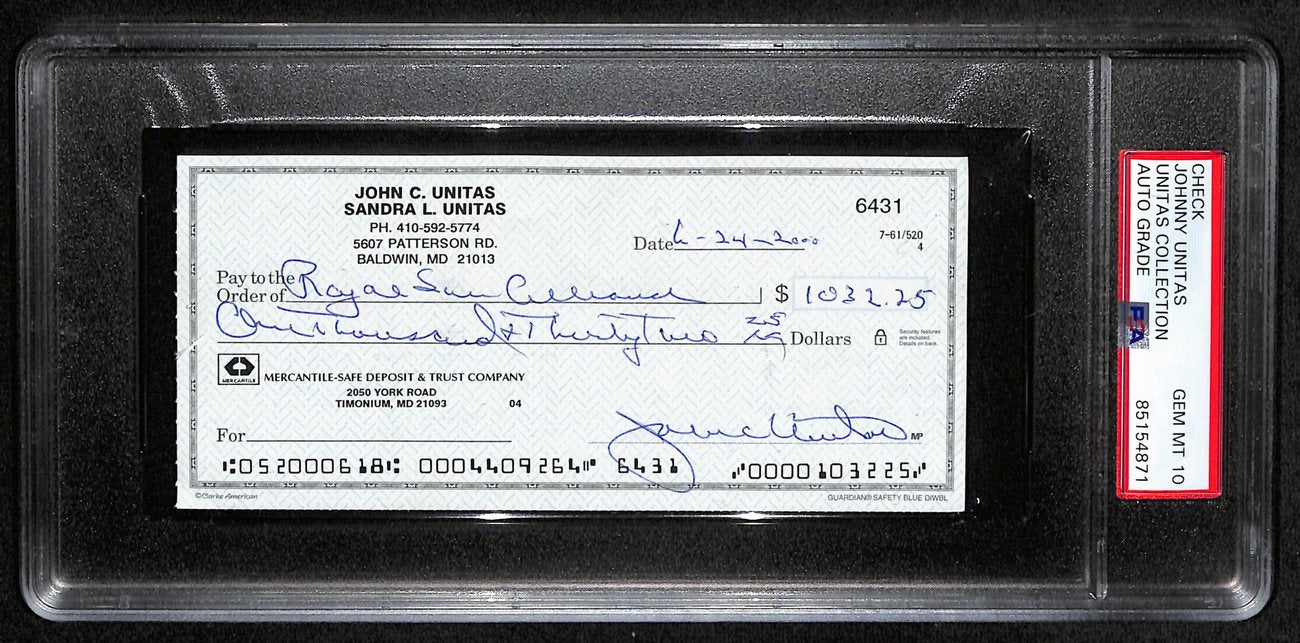 Johnny Unitas HOF Signed/Auto 2000 Bank Check Colts PSA/DNA GEM MT 10 189589