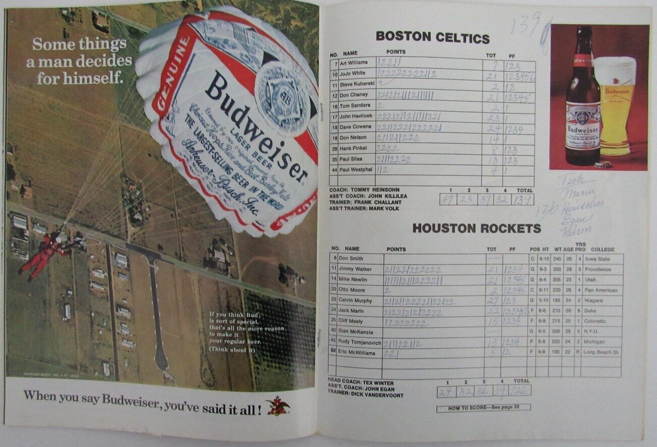 1972/73 Boston Celtics vs. Houston Rockets Basketball Game Program 176329