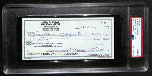 Johnny Unitas HOF Signed/Auto 2000 Bank Check Colts PSA/DNA MINT 9 193244