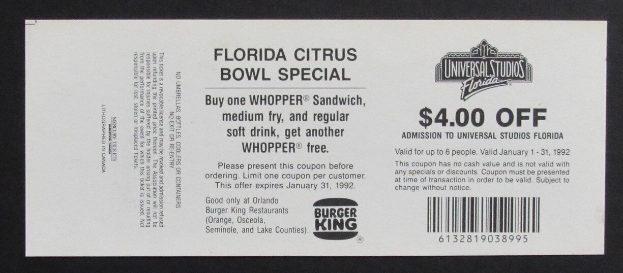 1992 Florida Citrus Bowl Football Game Full Ticket Clemson vs. California