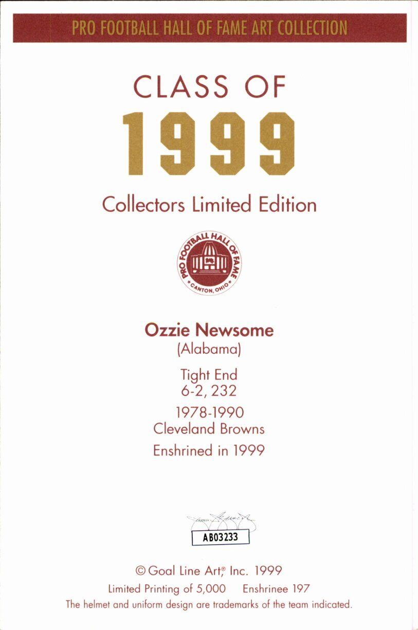 Ozzie Newsome HOF Browns Signed/Inscr Goal Line Art GLAC Postcard JSA 167121