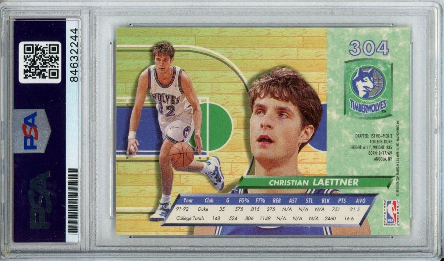 1992-93 FLEER Ultra Rookie #304 Christian Laettner Timberwolves PSA/DNA