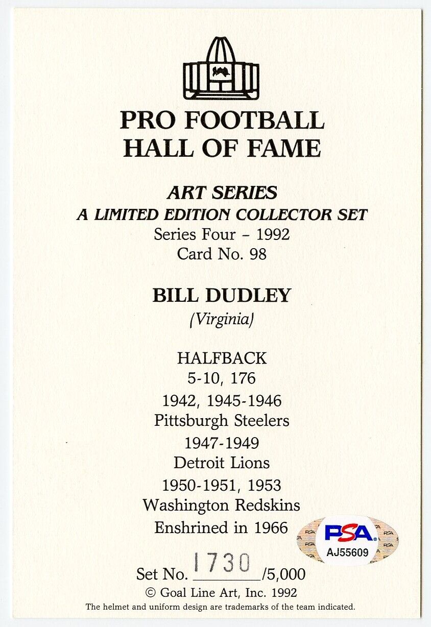 Bullet Bill Dudley Signed Goal Line Art Postcard w/HOF Steelers PSA/DNA 160084