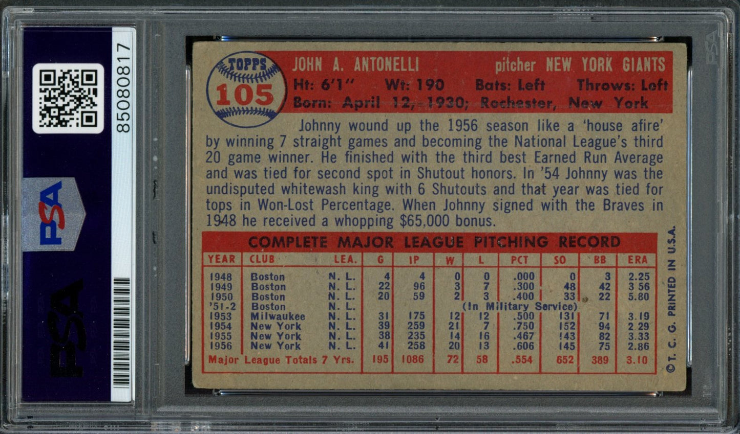 1957 TOPPS Johnny Antonelli #105 Auth Card Signed NY Giants PSA/DNA 184123
