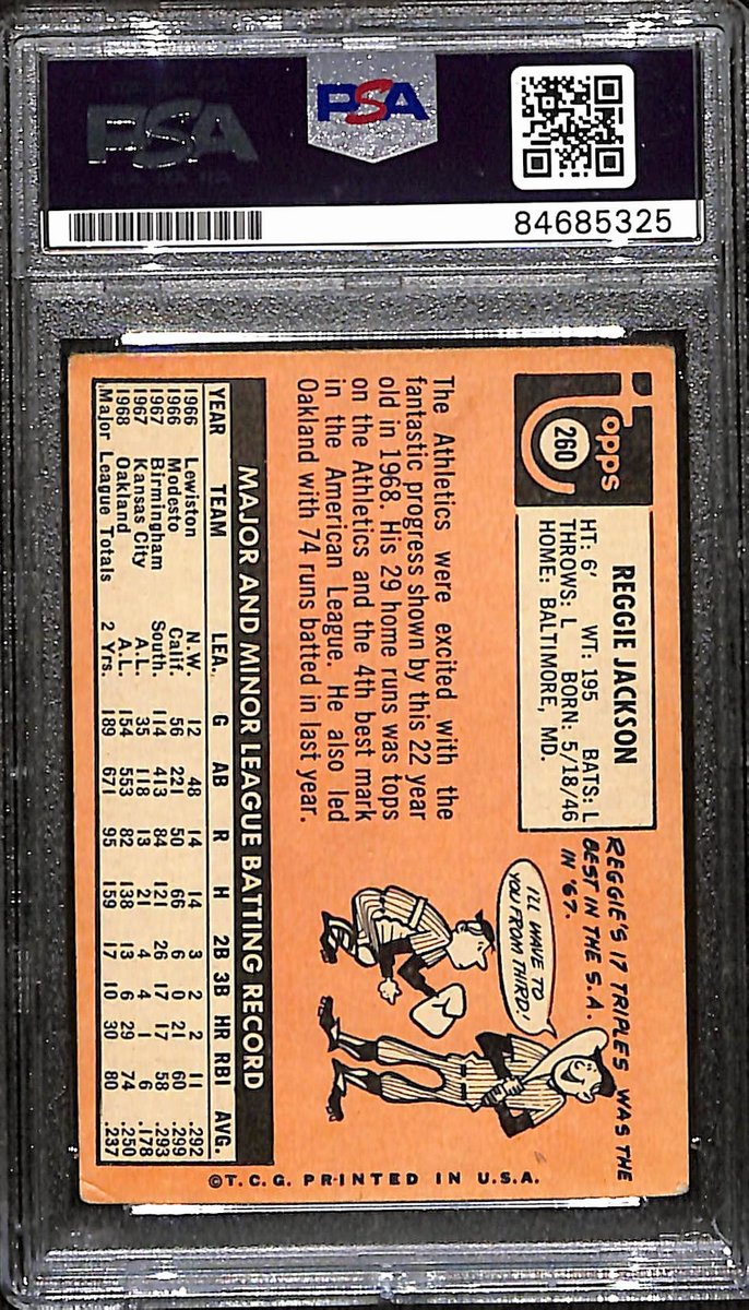 Reggie Jackson HOF A's Signed/Auto 1969 Topps Rookie Card #260 PSA/DNA 193406