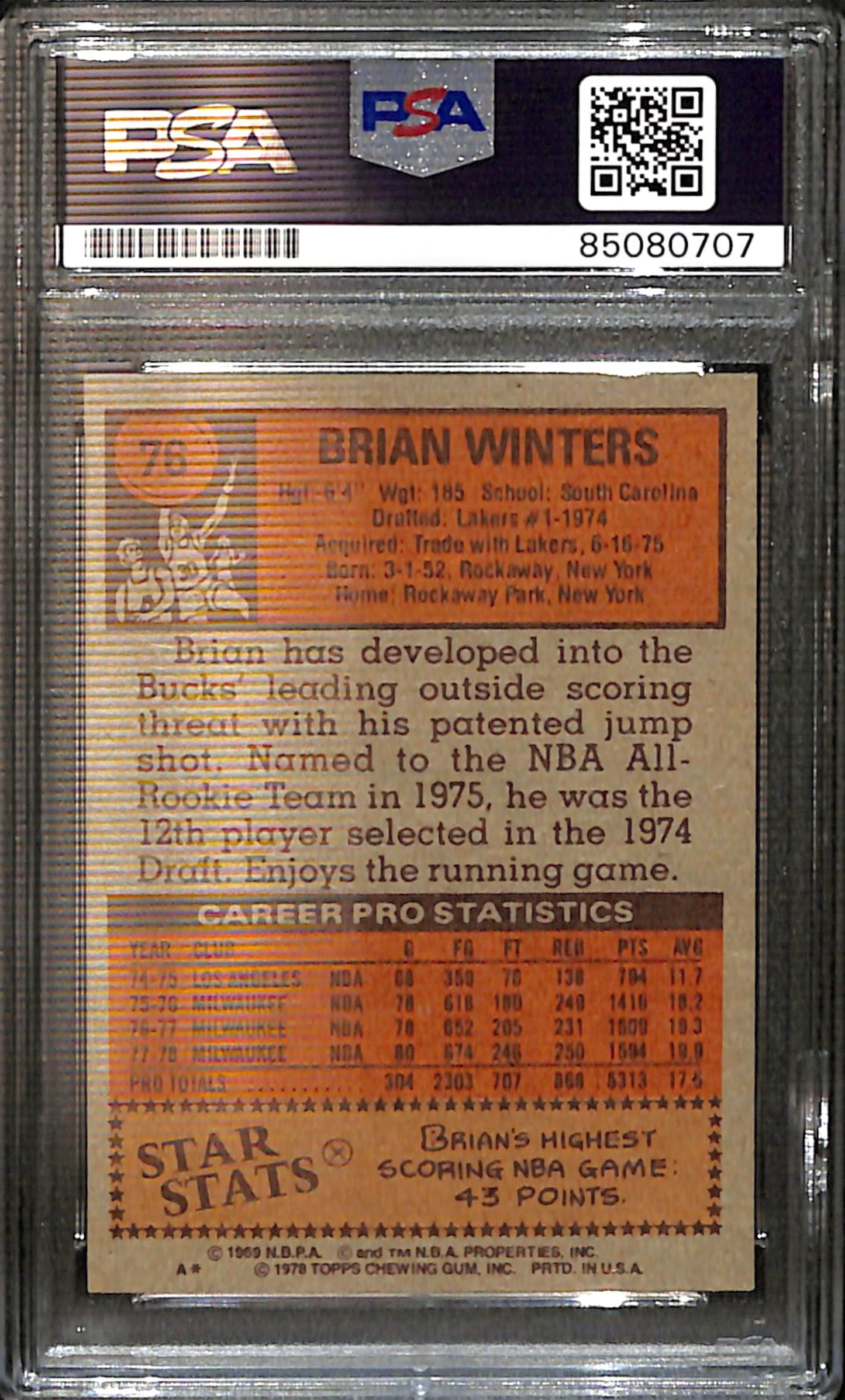 Brian Winters Signed/Auto 1978 Topps Card #76 Milwaukee Bucks PSA/DNA 185418