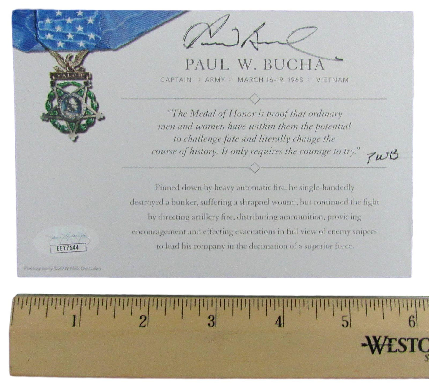 Paul W. Bucha, MOH Recipient, Signed MOH 4x6 Society Card JSA 146361