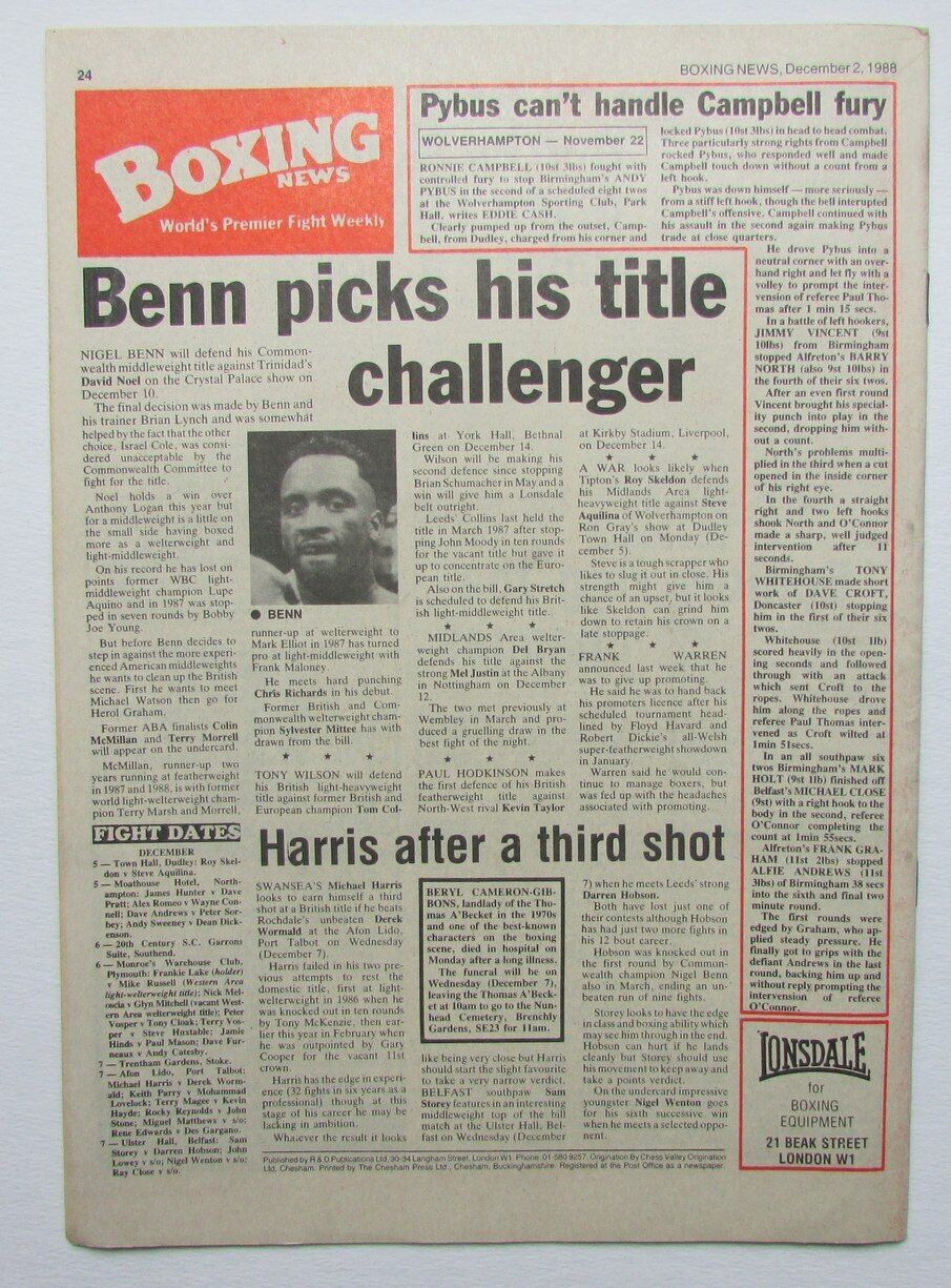 December 2, 1988 Boxing News Magazine Herol "Bomber" Graham