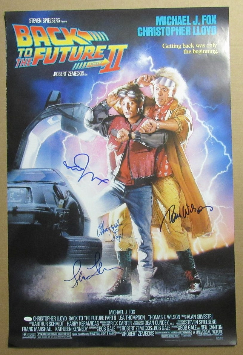 Back to Future II Auto/Signed Michael J Fox/ Lloyd + 2 (4) 27x40 Poster JSA 4946