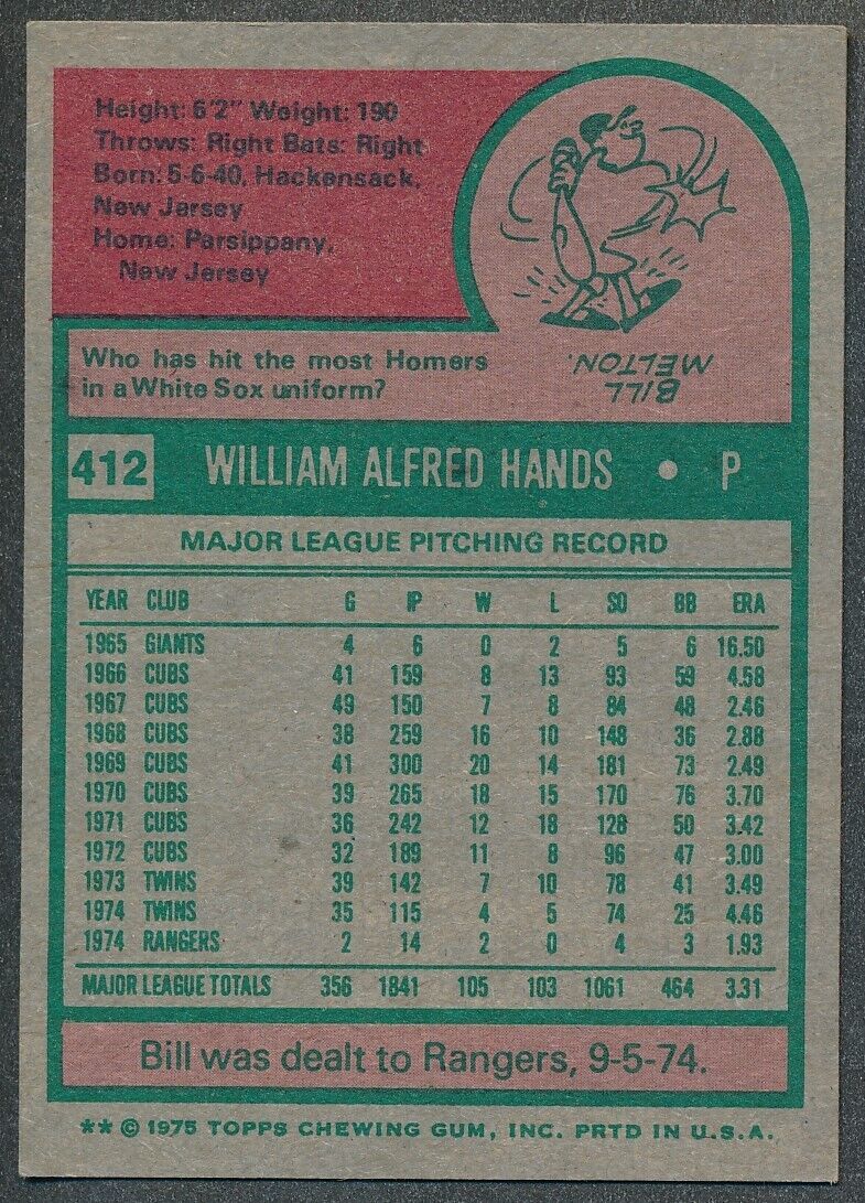 Bill Hands Texas Rangers Signed/Autographed 1975 TOPPS Card #412 165671