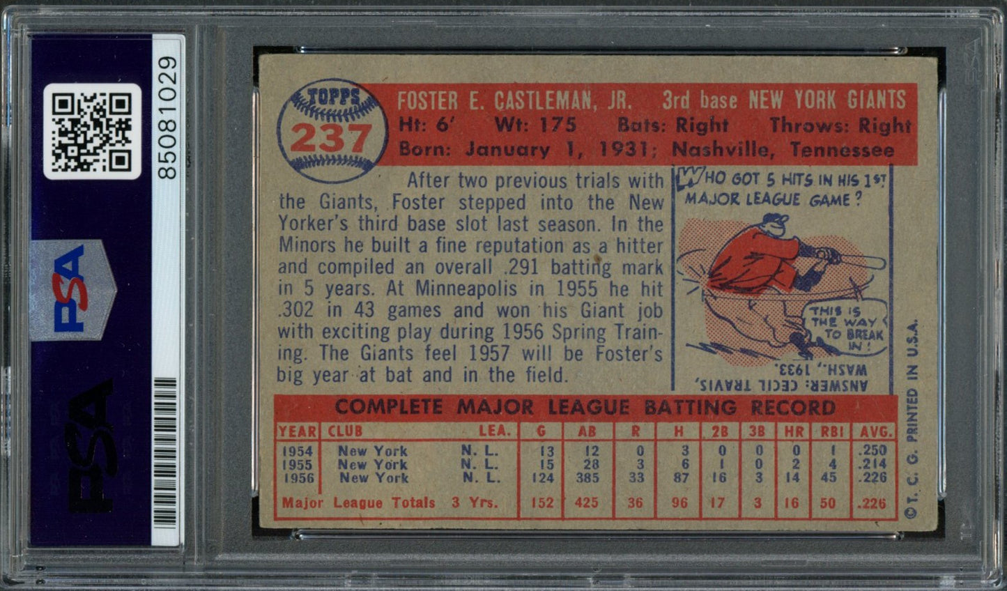 Foster Castleman Signed 1957 Topps Trading Card #237 NY Giants PSA/DNA 183574