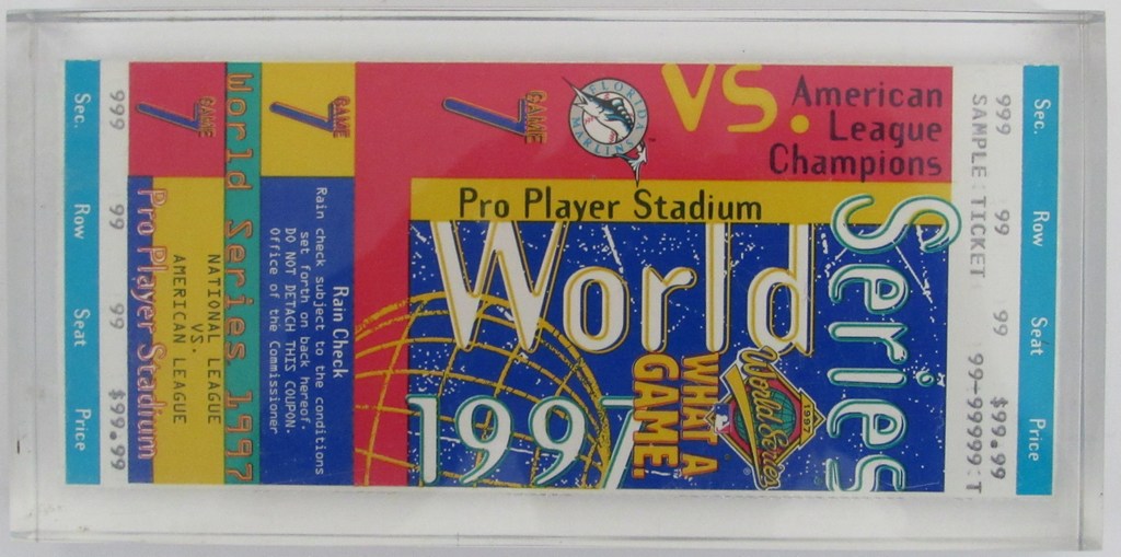 1997 World Series Game 7 Sample Full Ticket in Lucite Case Marlins Champs 181462