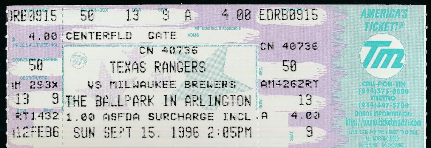 Nolan Ryan Rangers Full Ticket September 15, 1996 Rangers vs. Brewers 186490