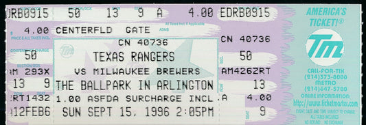 Nolan Ryan Rangers Full Ticket September 15, 1996 Rangers vs. Brewers 186490