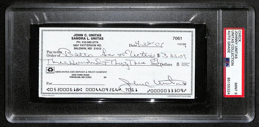 Johnny Unitas Signed 4/28/02 Check PSA/DNA MINT 9 188667