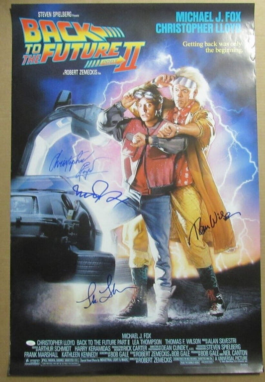 "Back to the Future II" Signed/Auto Michael J Fox Lloyd + 2 (4) 27x40 Poster JSA