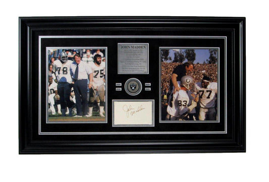 John Madden HOF Raiders Collage 8x10 s Signed 3x5 Index Card Framed JSA 165880