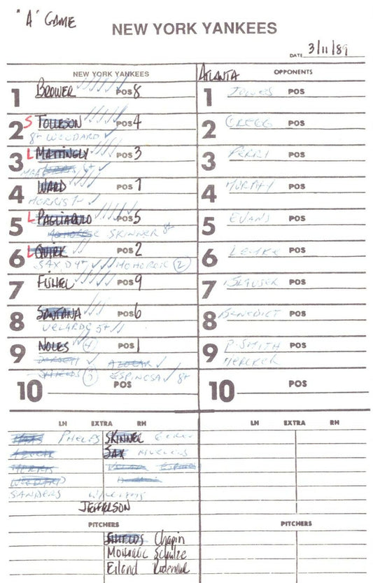 1989 New York Yankees Spring Training 5.5x8.5 Lineup Card vs. Braves 151534