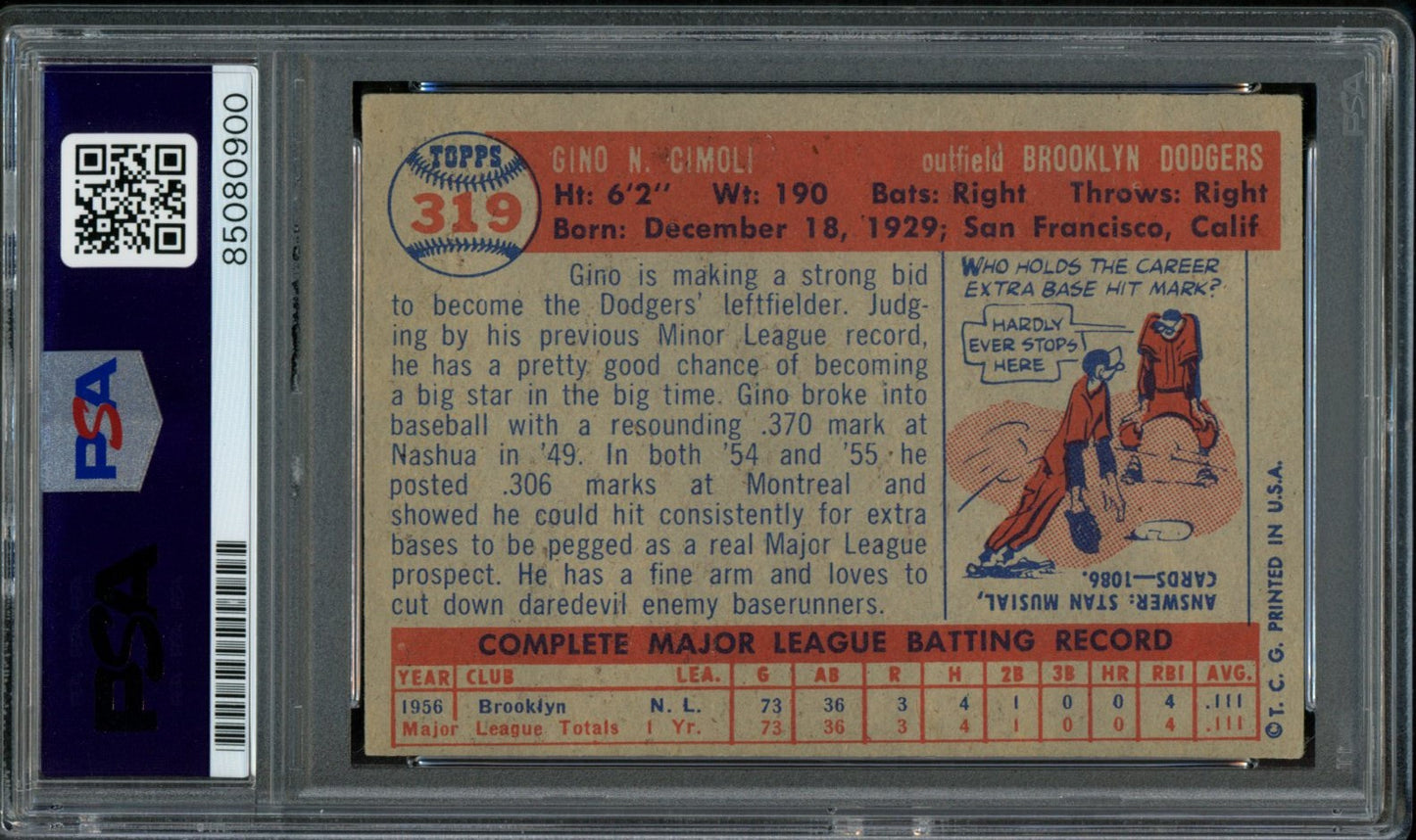 Gino Cimoli Signed 1957 Topps Trading Card #319 Dodgers PSA/DNA 184013