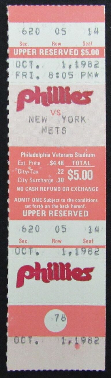 1982 Phillies vs. New York Mets Full Ticket at Veterans Stadium