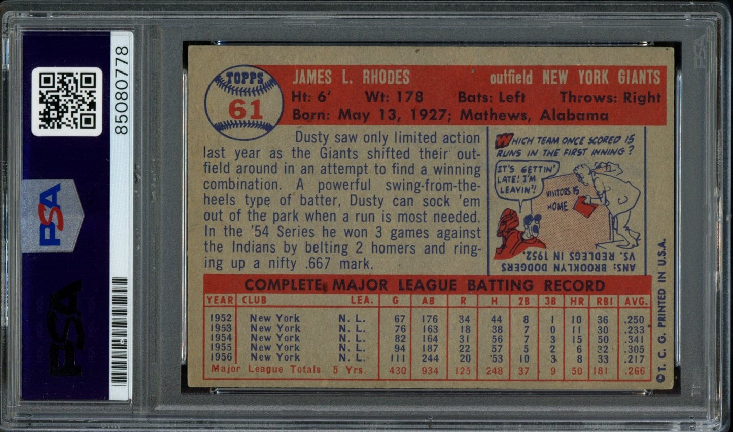 Dusty Rhodes Signed 1957 Topps Card #61 New York Giants PSA/DNA 184143