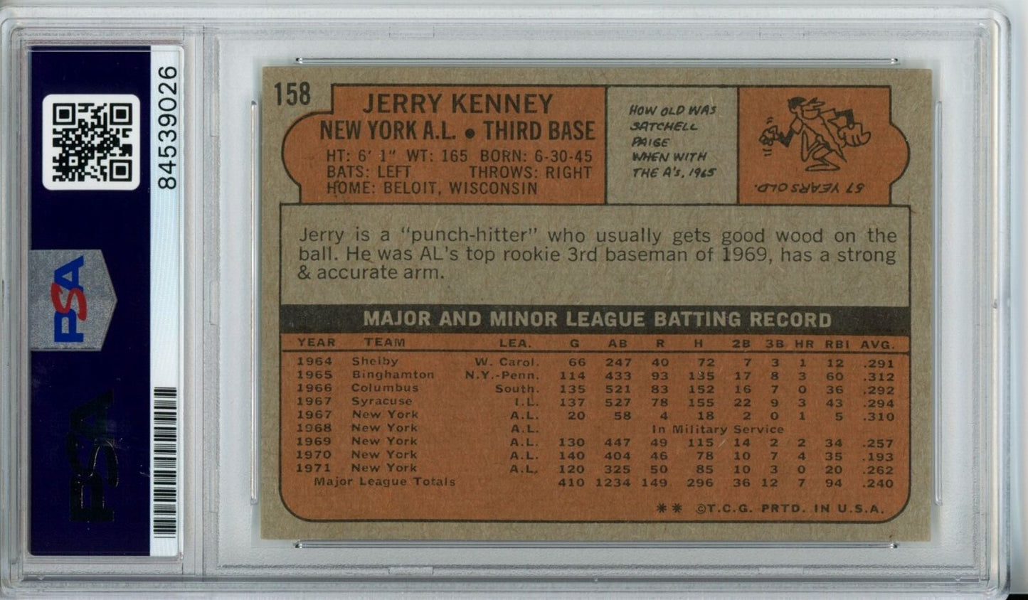 Jerry Kenney Yankees Signed/Autographed 1972 TOPPS Card #158 PSA/DNA 166878