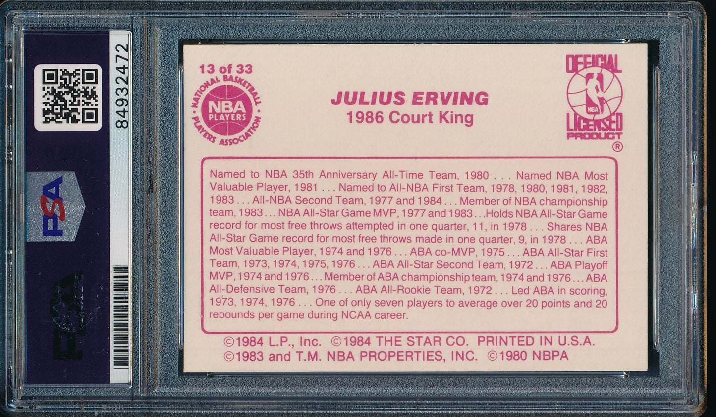 1986 Star Co. Court Kings #13 Signed/Auto Julius Dr. J Erving HOF 76ers PSA/DNA