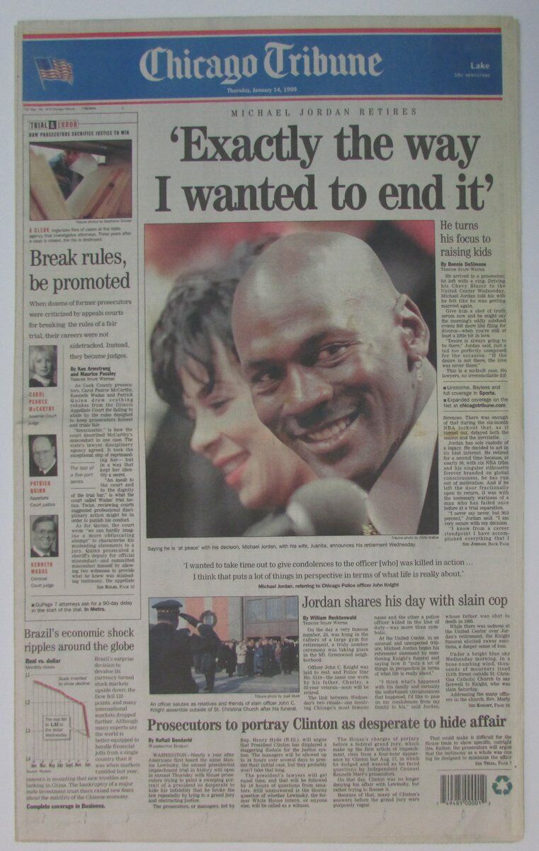 Michael Jordan Bulls Retirement 1999 Chicago Tribune Newspaper 147889