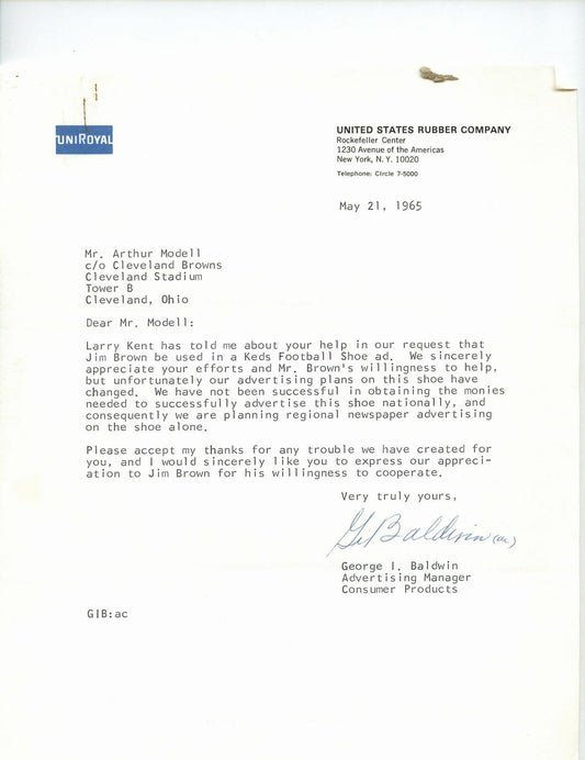 May 21, 1965 Letter to Browns Art Modell about Jim Brown Keds FB Shoe Ad 144833