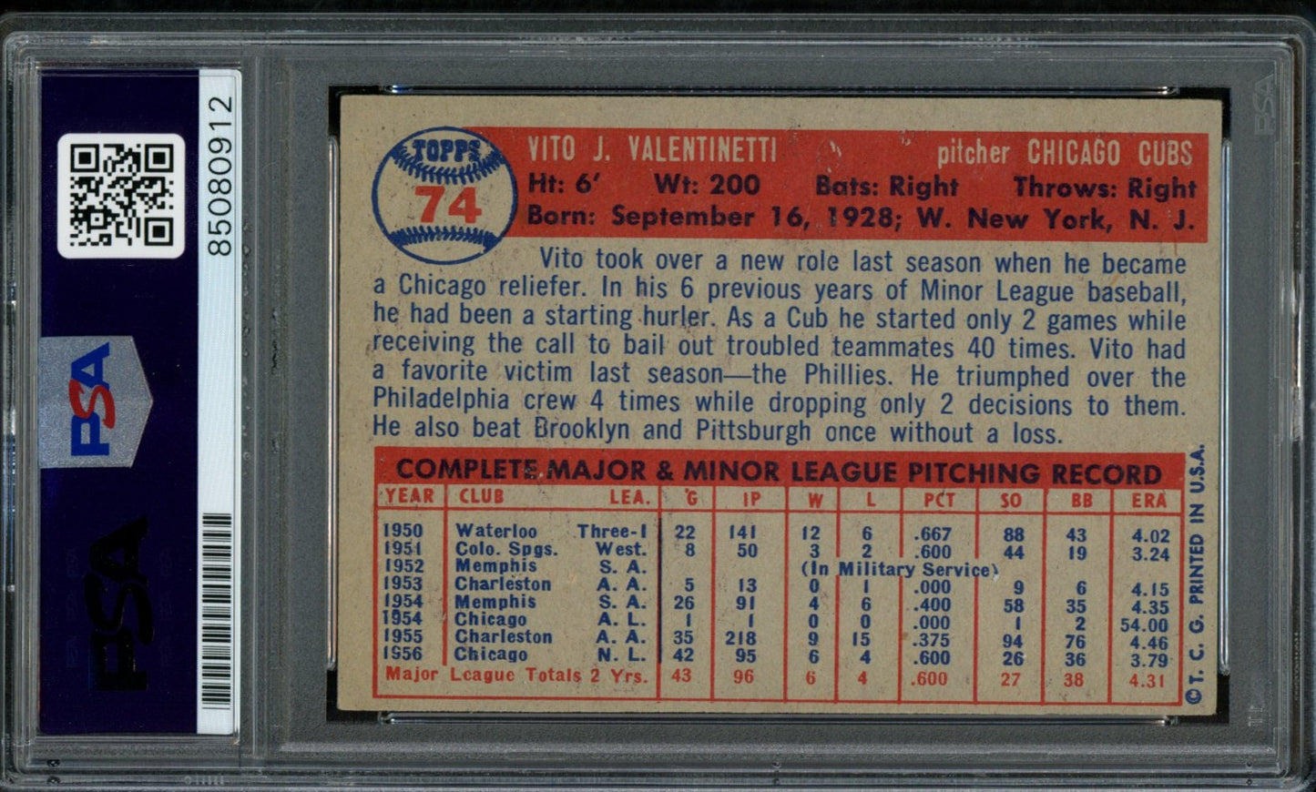 Vito Valentinetti Signed 1957 Topps Trading Card #74 Chicago Cubs PSA/DNA 184007