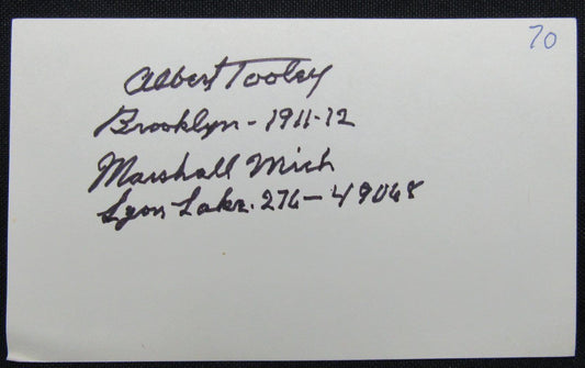 Bert Tooley 1911-112 New York Yankess d.1976 Signed 3x5 Index Card