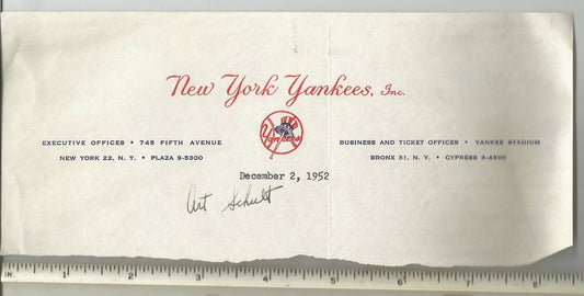 Art Schult New York Yankees Signed/Autographed 1952 Cut Letter 150781