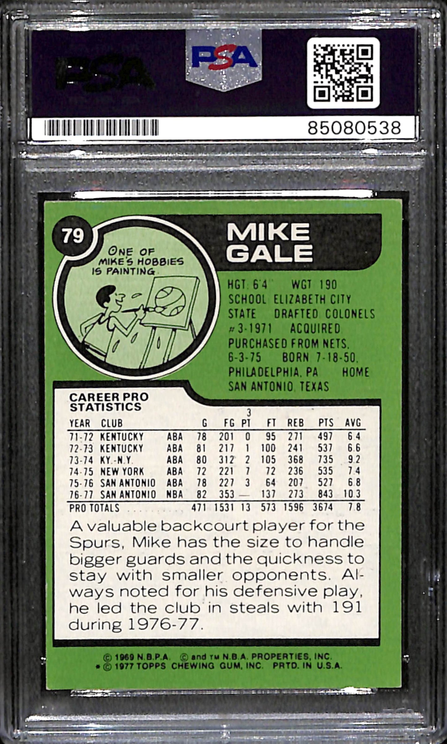 Mike Gale Signed 1977 Topps Card #79 San Antonio Spurs PSA/DNA 185706
